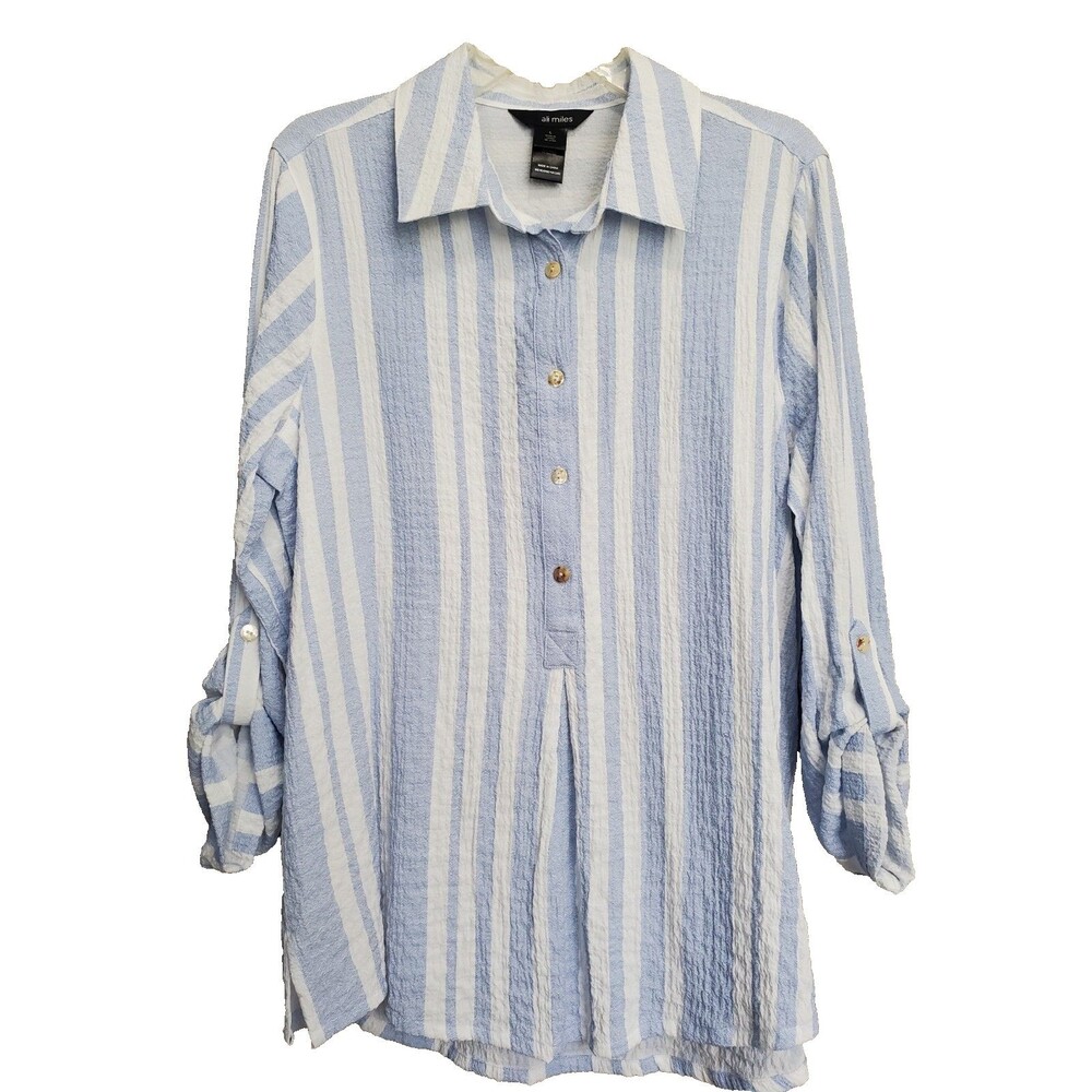 Ali Miles Blue Striped Button-Cuff Gauzy Half-Placket Popover Tunic Size L Beach